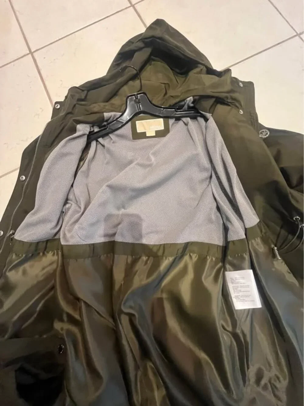 Michael Kors hooded jacket olive green silver buttons cinch waist